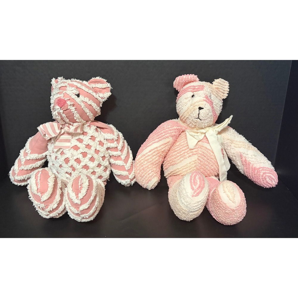Pair of Vintage Pink Chenille Raggy Teddy Bears Fringed Lattice Bows 15"